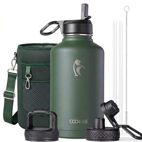 Coolflask 64oz Dark Green Insulated Half Gallon Water Bottle with Straw & Leakproof Lids