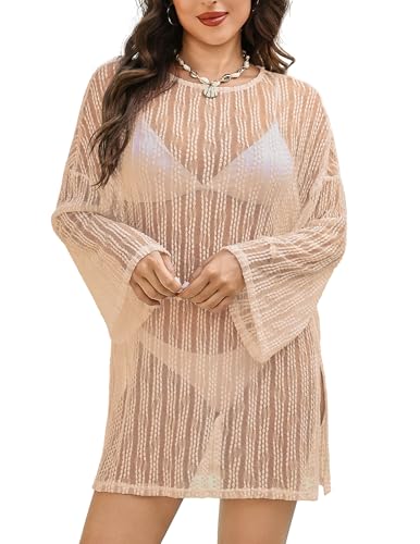 Sheer Lace Swimsuit Coverup for Women - Long Sleeve Beach Dress - Khaki, Small