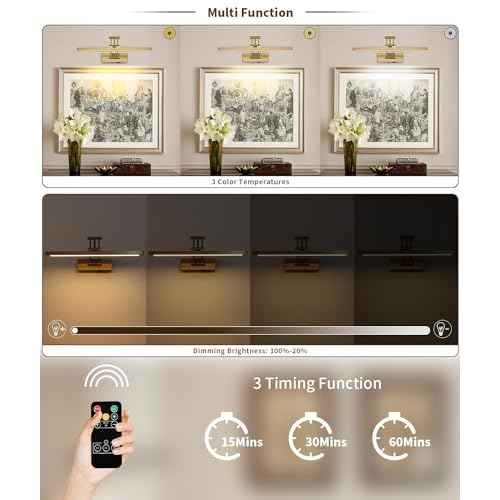 Joossnwell Battery Operated Picture Light with Remote Wireless Art Lights for Paintings Brass Gallery Light Dimmable & Timer Rechargeable Picture Lighting for Wall 15.35 Inch for Artwork Frame