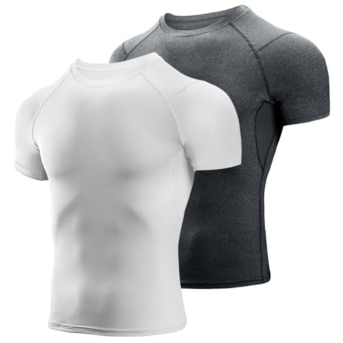 Men's Compression Shirts 2 Pack - Short Sleeve, Cool Dry - Medium White & Mottled Gray