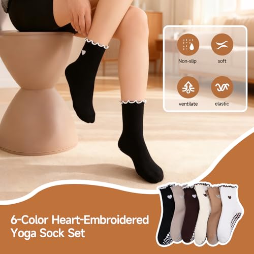 6 Pairs Women's Non-Slip Frilly Pilates Socks - White, Beige, Black & Brown