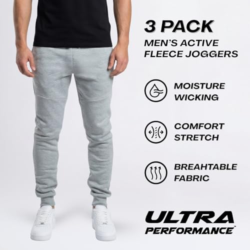 Ultra Performance Men's 3 Pack Fleece Sweatpants with Pockets - Large Black/Charcoal/Heather Grey