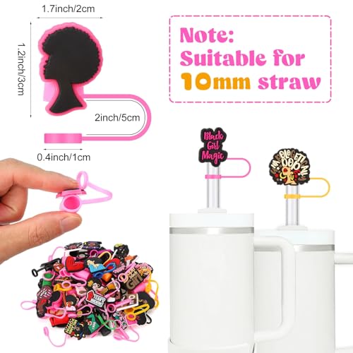 10mm 50 Pcs Pink Black Girl Straw Cover Caps for Stanley Cups - Silicone Leak-Proof Fits Most
