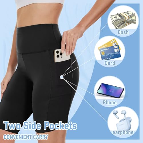 High Waist Biker Shorts for Women with Pockets - 8 Inch, Size XX-Large, Black/Grey/Navy/Wine/Olive, 5 Pack