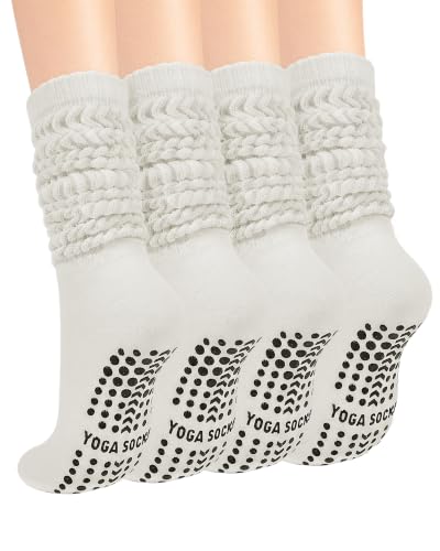 Darller White 4 Pairs Pilates Socks for Women Non Slip Yoga Slouch Socks