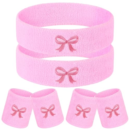 Sports Headband & Wristband Set - Pink Bow Theme - 6 Pcs