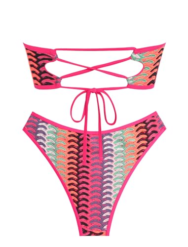 ZAFUL Women Strapless Bandeau Bikini Set Medium Rose Red 2-Piece Swimwear