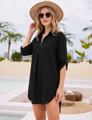 V-Neck Beach Cover Up Shirt Dress - 3/4 Sleeve Asymmetrical - Black, Large