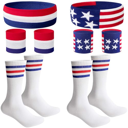 2/4 Sets American Flag Sports Headband & Wristband with Socks - Patriotic Athletic Gear