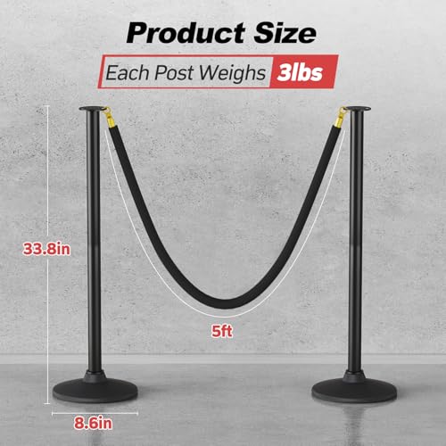BATTIFE Plastic Stanchion Posts with Black Velvet Ropes and Weighted Rubber-Plastic Base, Crowd Control and Queue Management Barrier Poles for Party, Event, Red Carpet (2 Pack)