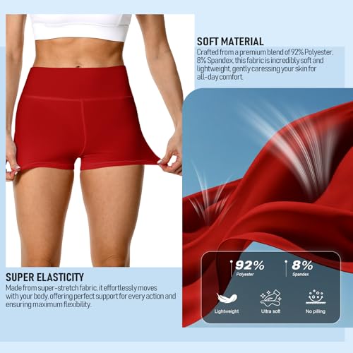 DHSO High Waisted Buttery Soft Biker Shorts for Women 5 Inch Tummy Control, No Pockets, Small-Medium, Red