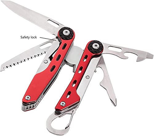 Amazon Basics 10-in-1 Stainless Steel Multitool with Red Aluminum Frame - Pliers, Wire Cutter, Knife, Saw, Screwdrivers, Bottle Opener, Carabiner (10-in-1, Red)