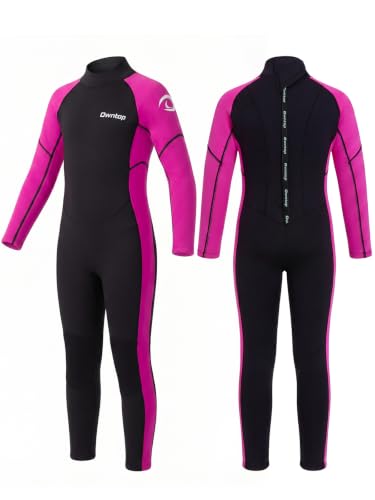 Owntop Kids Wetsuit 3/2mm Full Body Neoprene, Rose Red, Size 8 for Cold Water Swimming