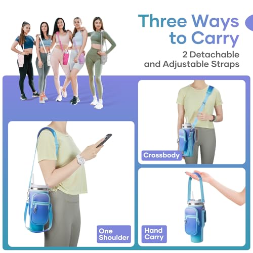 linmaya Dark Blue 40oz Water Bottle Carrier Bag with Phone Pockets & Adjustable Strap