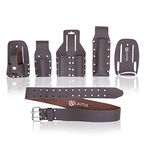 LAUTUS Scaffolding Belt | 6-Piece Leather Scaffold Belt, 2" Wide | Fits Waist Sizes from 32¡± ? 46¡± | Includes 5 Scaffold Tool Holders to Securely Hold Your Level, Tape, Spanners, Hammer