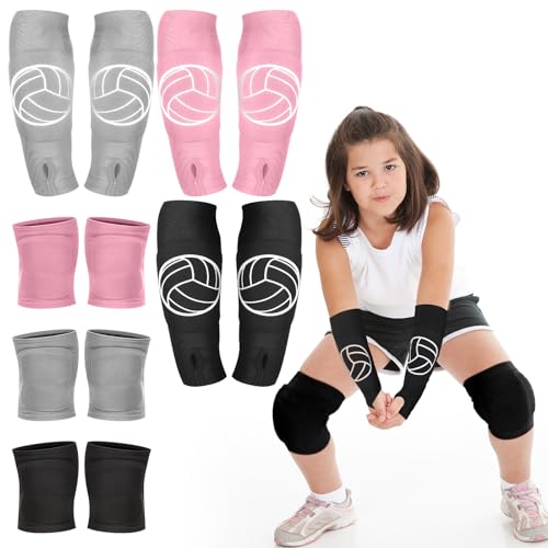 Sosation Kids Volleyball Knee Pads & Arm Sleeves Set - Pink, Black, Gray, 3 Pairs