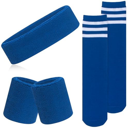 Kids Sports Set - 5 Pieces Sweatbands & Striped Socks - Blue