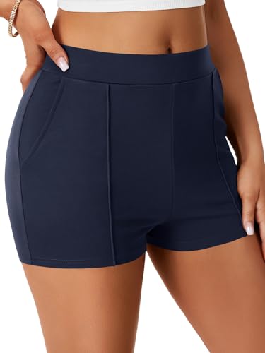 High Waist Elastic Skinny Shorts for Women with Pockets - Dark Blue