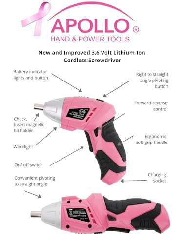Pink Apollo Tools 135-Piece Household Tool Set with Rechargeable Cordless Screwdriver