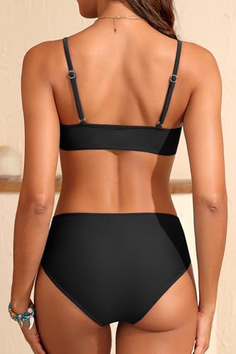 Aqua Eve Black Medium Twist Front Bikini Set - Mid Rise Two-Piece Swimsuit