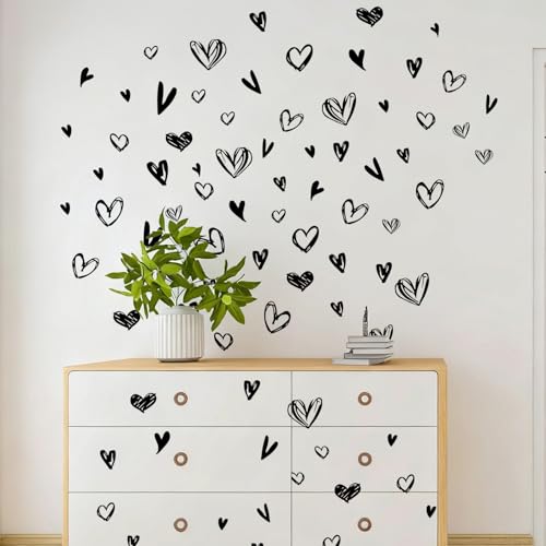 SUPERDANT 52 Pieces Loving Hearts Wall Stickers Black Love Vinyl Wall Decals Art Stickers Valentine's Day Heart for Baby Bedroom Murals Vinyl Decals Removable Nursery Kids Room DIY Decorations