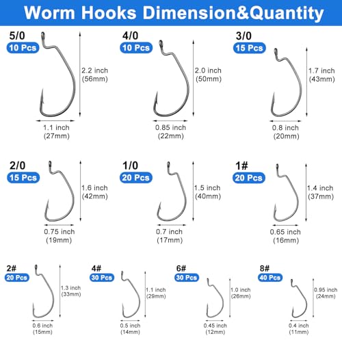 210 PCS Metal Fishing Hooks Set - 10 Sizes, Black, Durable Steel