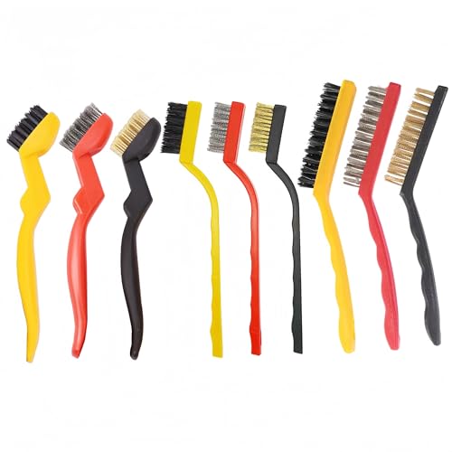 Wire Brush Set, 9-Piece, for Removing Weld slag, Rust and dust. Wire Cleaning Brushes comprise Three Different Sizes, Featuring Brass, Nylon and Stainless Steel Bristle Heads respectively,Colour