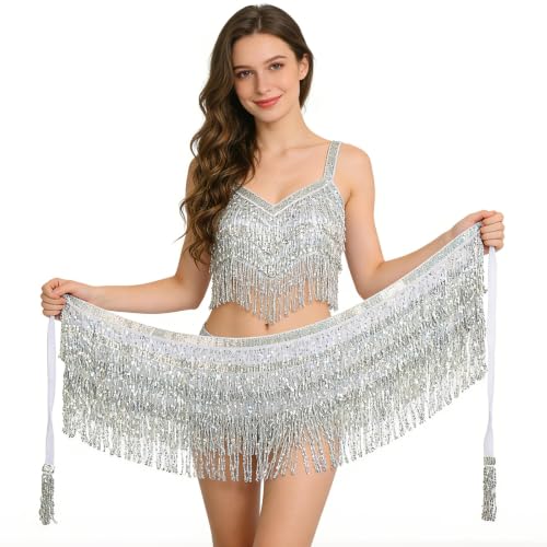 Sequin Tassel Skirt Women's Belly Dance Hip Scarf - Silver
