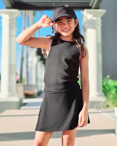 Girls A-Line Tennis Skort with Built-in Shorts - Black, 10-11 Years