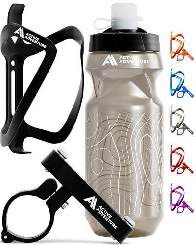 Bike Water Bottle Holder Combo - 20 Oz Squeeze Bottle & Mount Cage Rack - Anodized Black