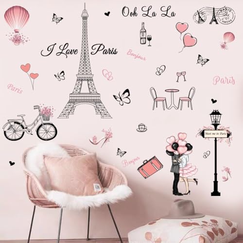 Wall Sticker Removable Romantic Paris Eiffel Tower Sticker Pink Colorful Wall Decal Vinyl Wall Art for Girl Riding Art Decal Home Decor