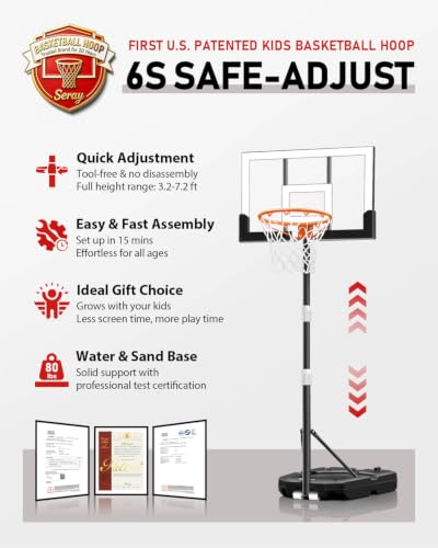 Kids Basketball Hoop - Adjustable 3.2-7.2FT with 29 Inch Backboard - White