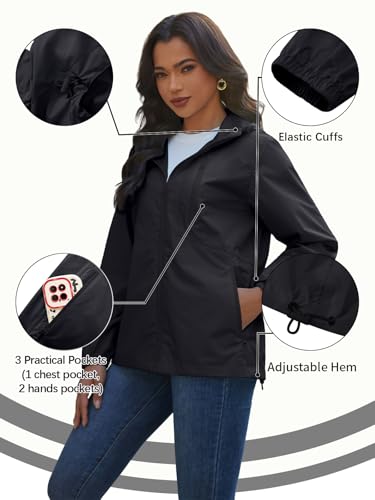 CRIPOM Women's Waterproof Hooded Rain Jacket - Light, Breathable, Black, Large