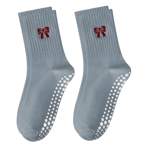 Women's Non-Slip Pilates Grip Socks with Ruffle Bow - Gray/Red