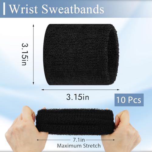 Wrist Sweatbands for Sports - 10 Pack, Absorbent Cotton, Black