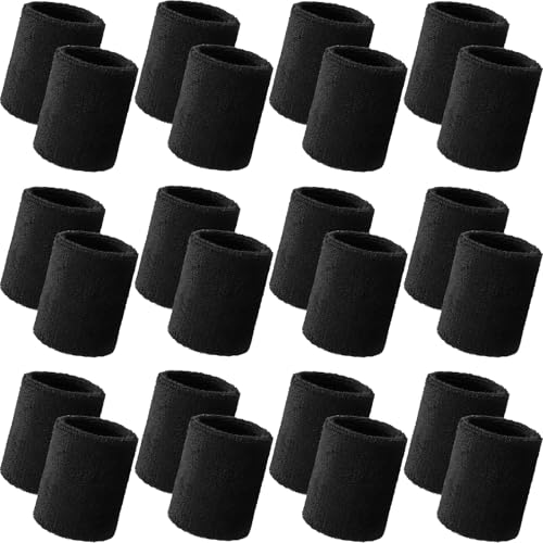 Wrist Sweatbands - 24 Pack Black Athletic Cotton Terry Bands