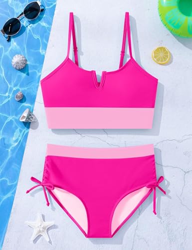 Girls Color Block Cutout Bikini Set - High Waisted Swimwear, Rose Pink, Size 11-12 Years