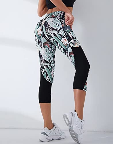 AGSWQ Women's High Waist Capri Leggings with Pockets - Floral & Black, Medium