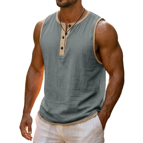 Cotton Linen Workout Tank Top - Sleeveless Gym Henley Shirt - Gray, 3X-Large