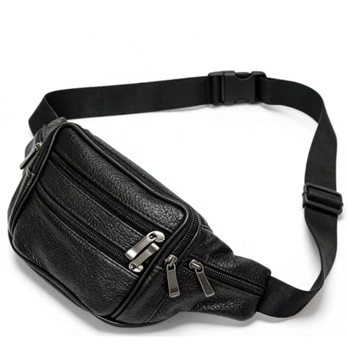 Black Genuine Cowhide Leather Fanny Pack with 7 Pockets & Adjustable Waist Strap