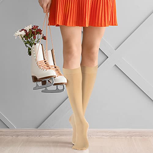 Ice Skating Socks for Women - Knee High Nylon, Nude Color - 6 Pairs