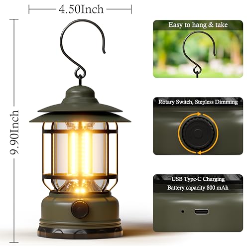 Portable LED Camping Lanterns,1500LM Step-less Dimming, Lightweight Retro Battery Powered USB Rechargeable Tent Lights,Survival Kits Flashlight for Power Outage Emergency Hiking Hurricane 3 Pack Green