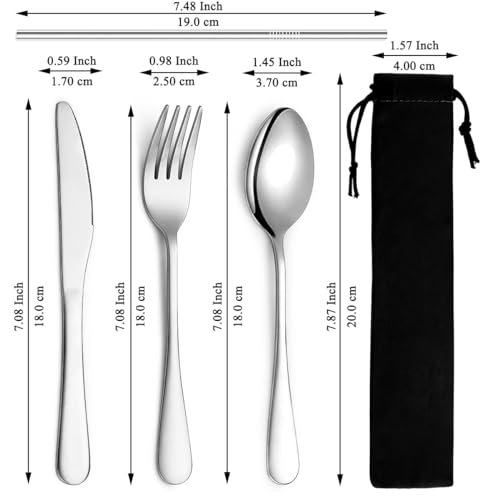 Stainless Steel Camping Utensil Set - 4-Piece Flatware with Black Storage Bag