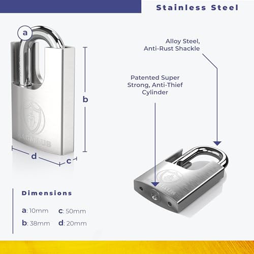 Magmaus¢ç SDL/50 [Closed Shackle] Heavy Duty Lock with 3 Keys - [Stainless Steel] Weatherproof Padlock for Outdoor Use - Ideal for Storage Unit, Shipping Container, Gate