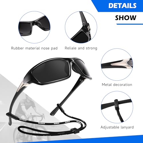 Polarized Sports Sunglasses for Men - Black Frame/Grey Lens