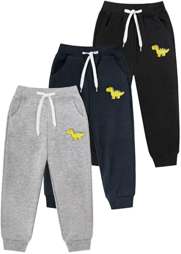 VOGRYE 6 Years Dinosaur Boys Sweatpants 3 Pack Lightweight Jogger Pants with Pockets