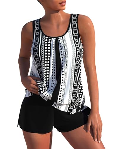 ROSEWE X-Large Black Printed Modest Tankini Swimsuit 2-Piece Athletic Bathing Suit