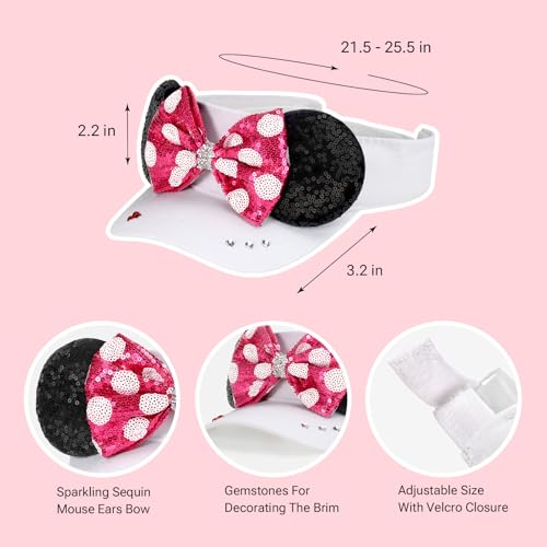 GRAWILLE Sequin Mouse Ears Visor Hat for Women Adjustable Sun Cap - White/Pink