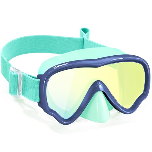 Kids Swim Goggles with Nose Cover Mirrored Green - No Leak, Adjustable, UV Protection, 3-14 Years
