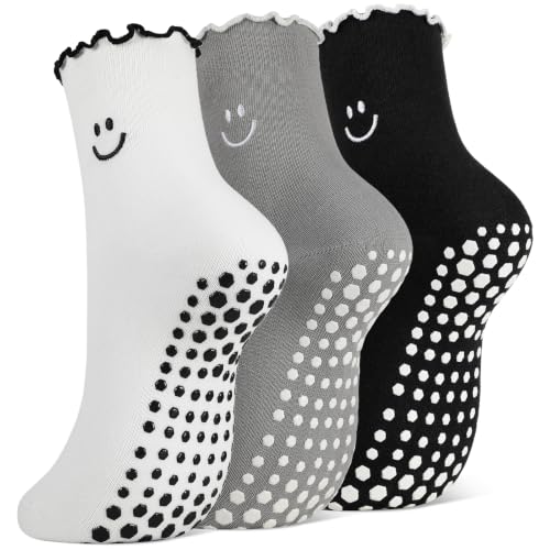 Pilates Socks for Women - Non Slip Yoga Socks, 3 Pairs - White, Black, Grey